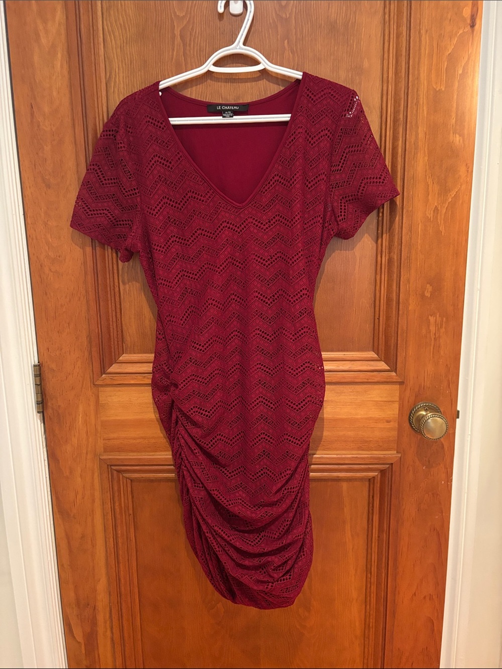 le chateau Wine Red Lace-Overlay V-Neck Ruched Midi Dress